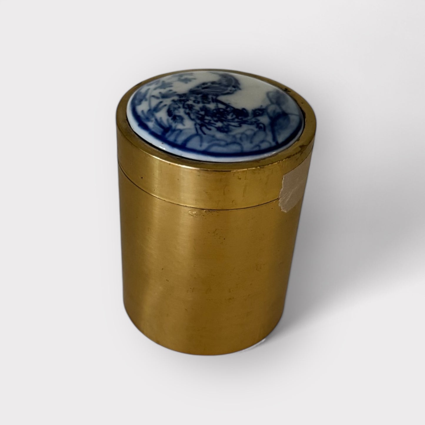 Brass Tobacco Canister w/ Hand Painted Peacock