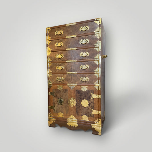 Korean Elm Burl Brass Bound Bandaji Scholars Chest Wedding Cabinet