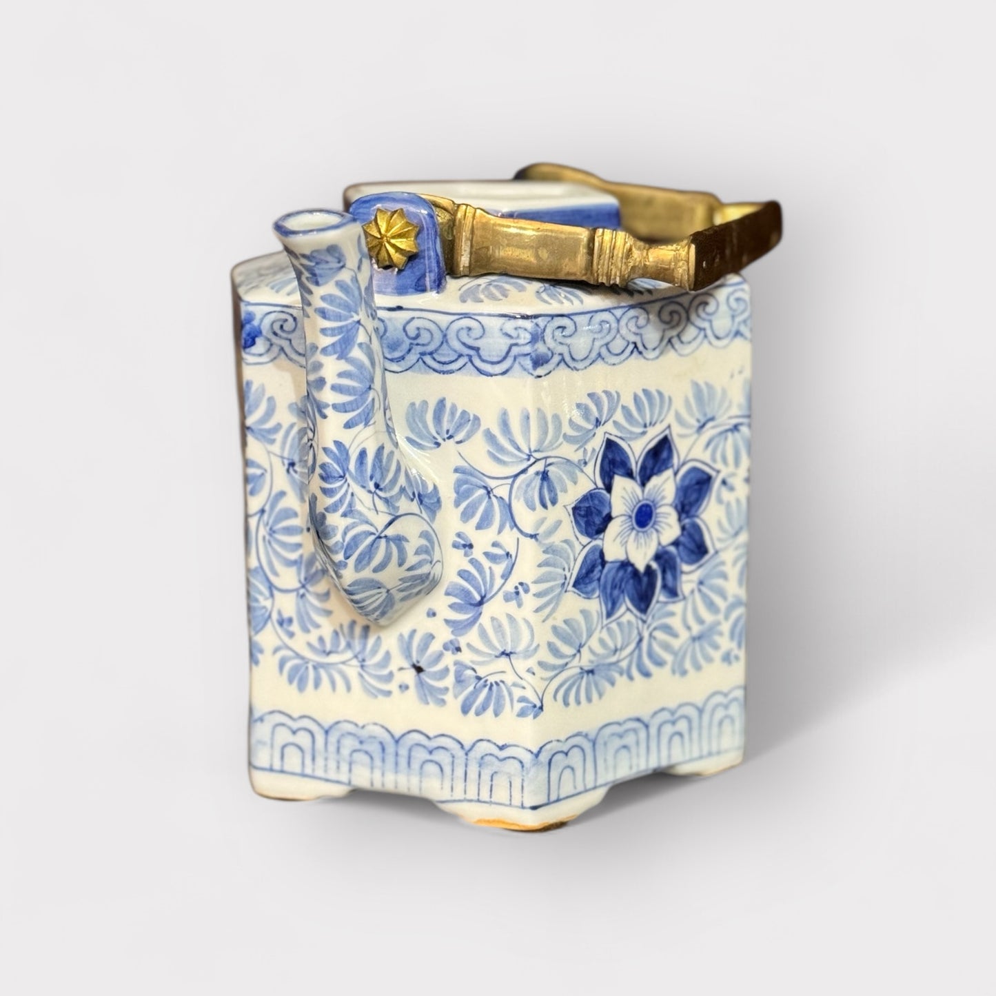 Hand Painted Blue & White Tea Pot w/ Brass Handle