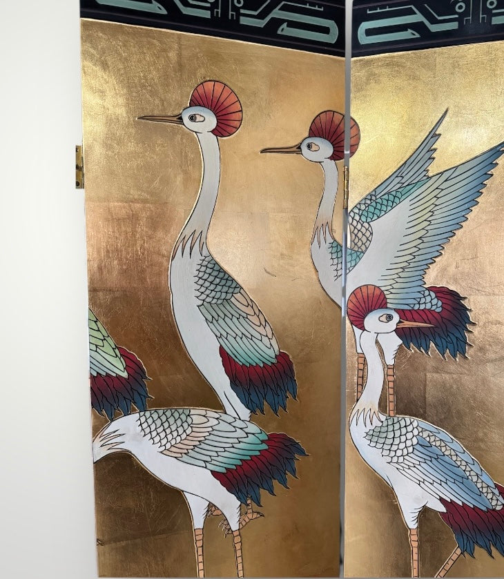 4 Panel Coromandel Screen Cranes on Gold Leaf
