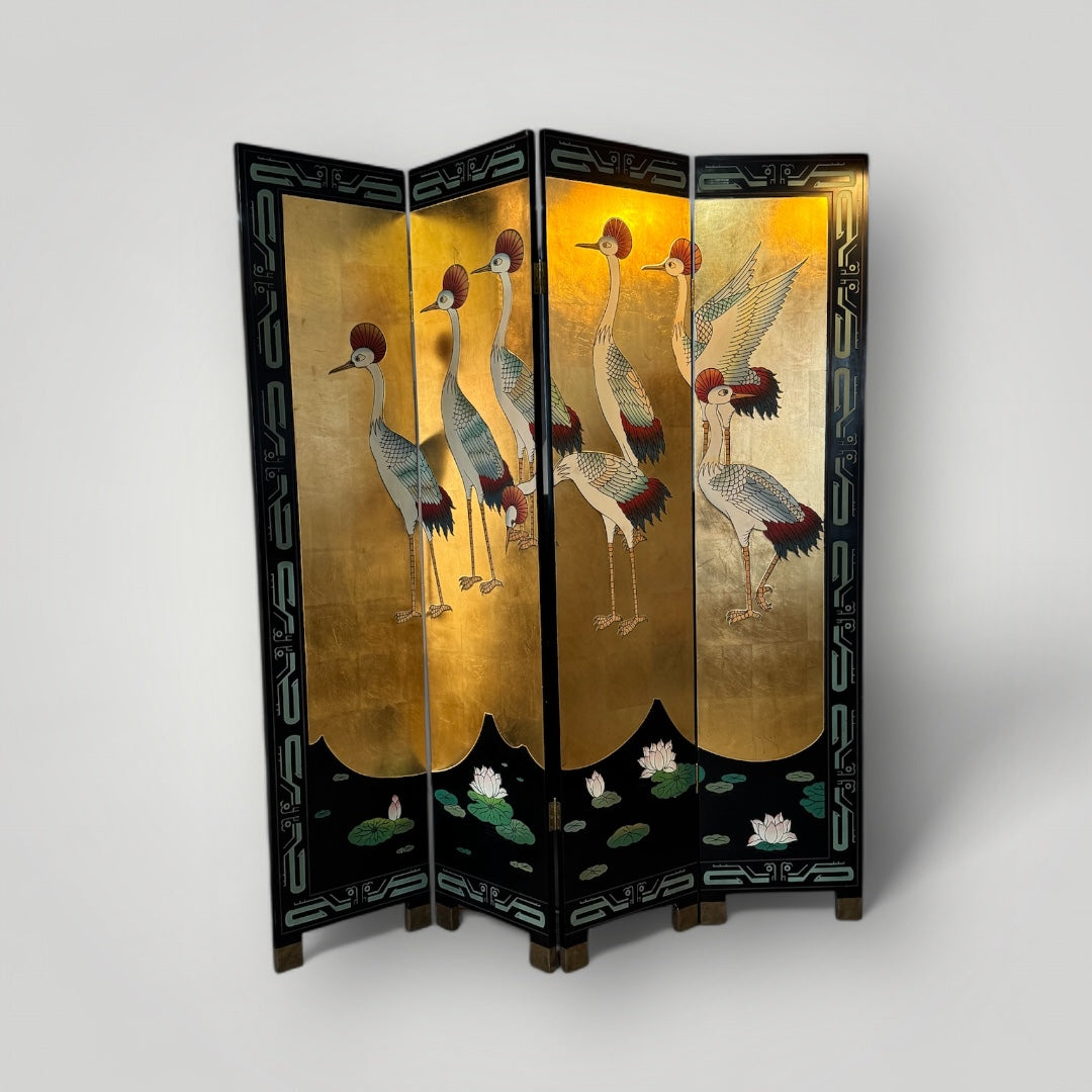 4 Panel Coromandel Screen Cranes on Gold Leaf