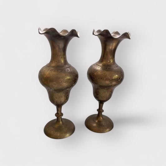 Pair of Brass Engraved Scalloped Vases