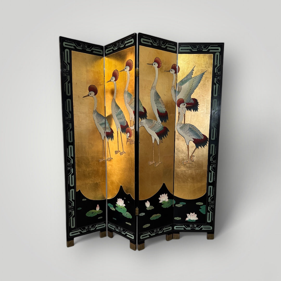 4 Panel Coromandel Screen Cranes on Gold Leaf