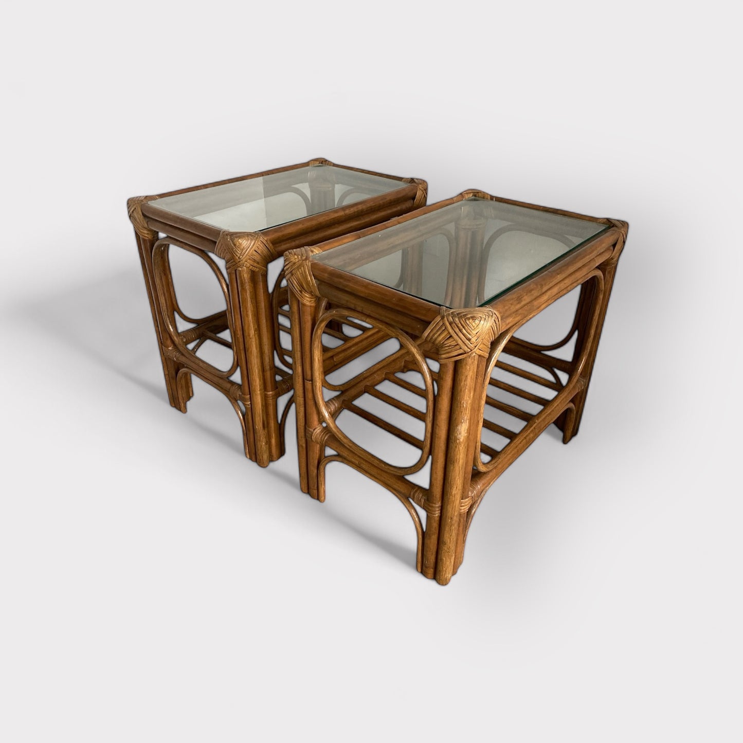 Pair Two Tiered Bamboo/Rattan Side Table W/ Glass Top