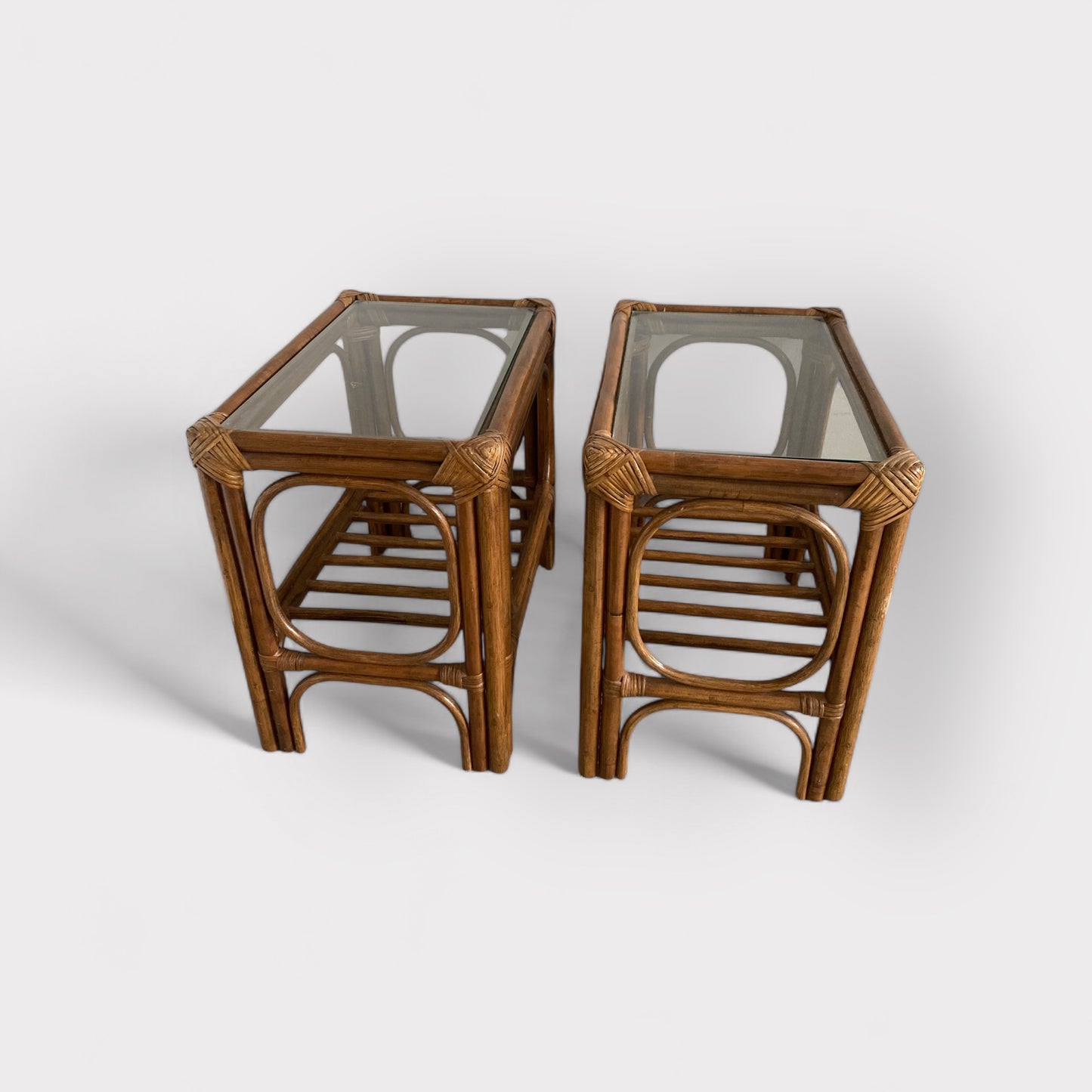 Pair Two Tiered Bamboo/Rattan Side Table W/ Glass Top