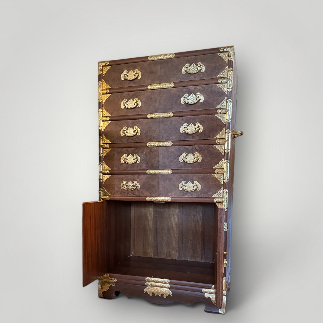 Korean Elm Burl Brass Bound Bandaji Scholars Chest Wedding Cabinet