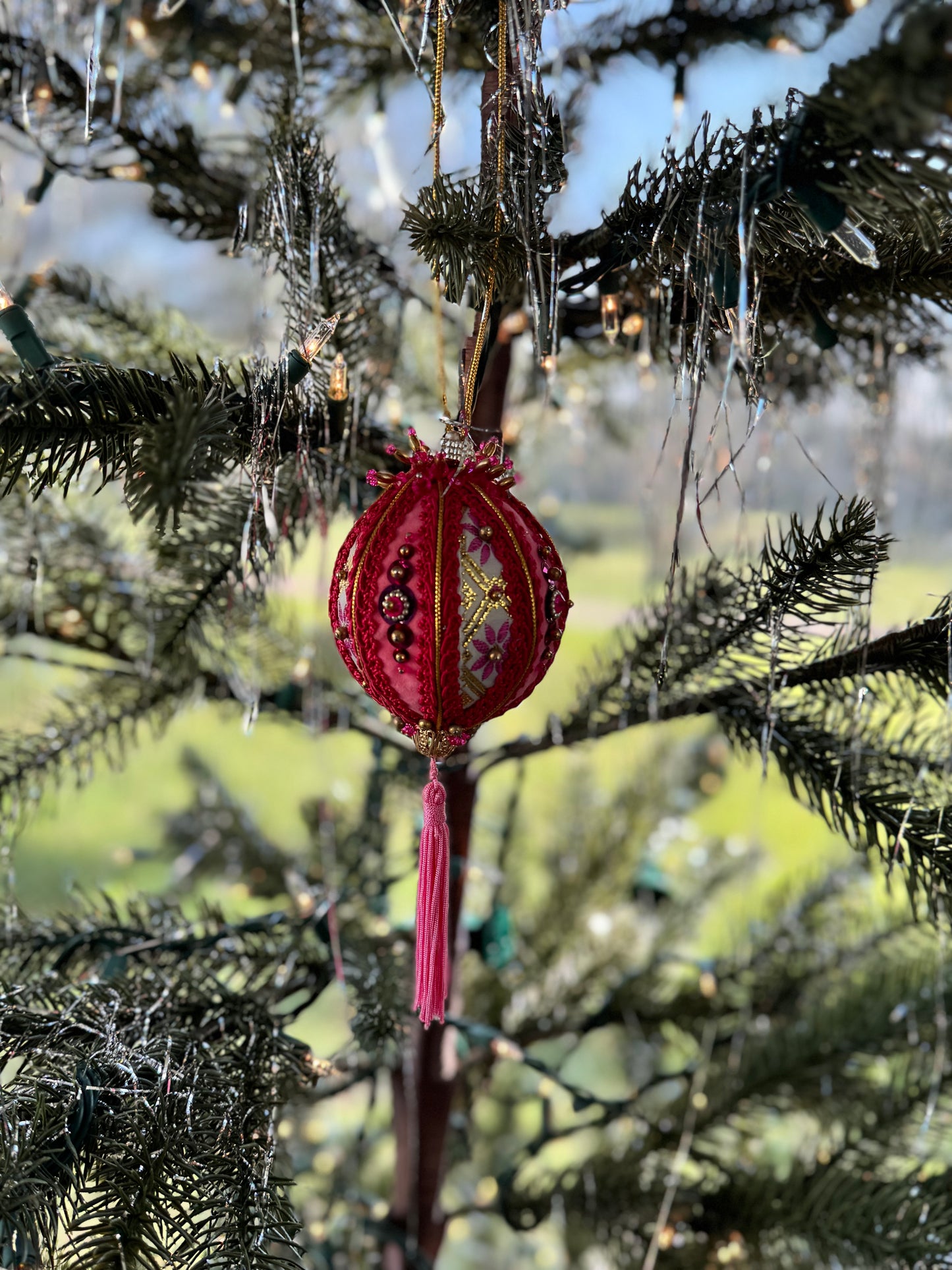 Vintage Handmade Beaded Ornament Pink Tassel