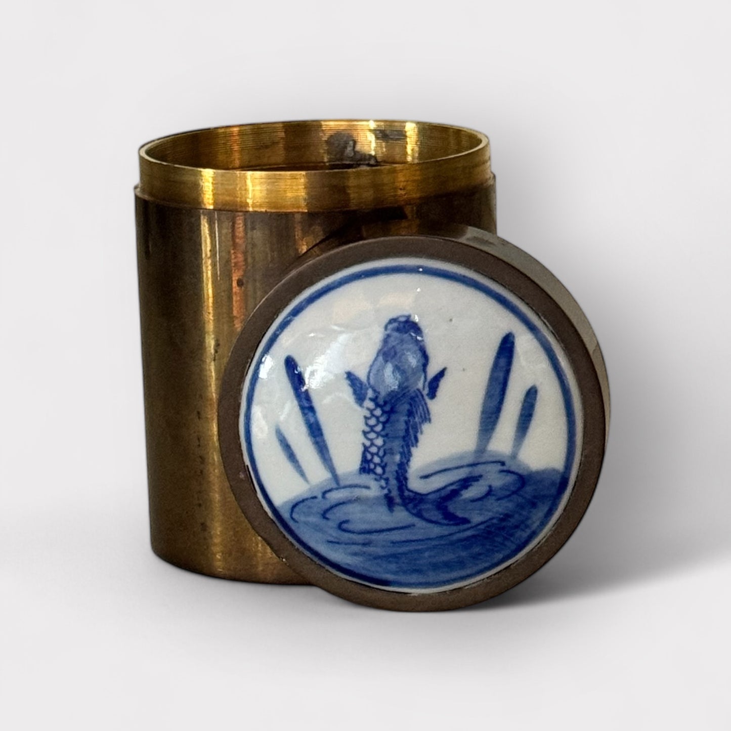 Brass Tobacco Canister w/ Hand painted Fish