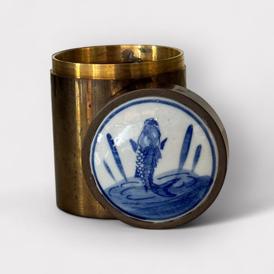 Brass Tobacco Canister w/ Hand painted Fish