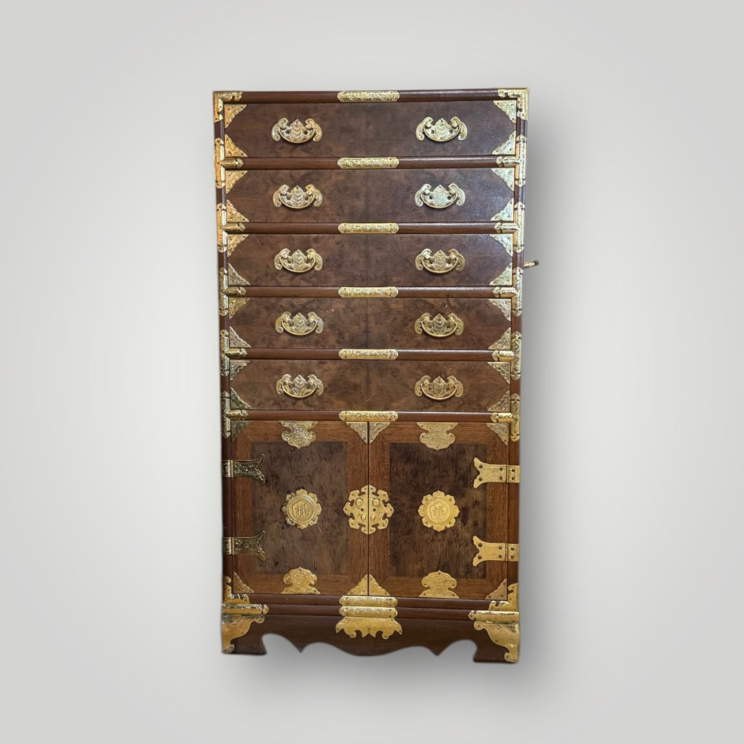 Korean Elm Burl Brass Bound Bandaji Scholars Chest Wedding Cabinet