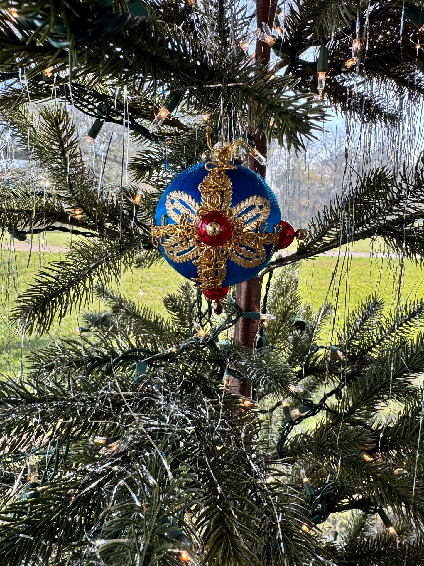 Vintage Handmade Silk Beaded Ornament Ornate Blue