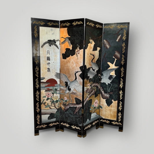 Asian Intricate Coromandel Lacquer 4 Panel Screen