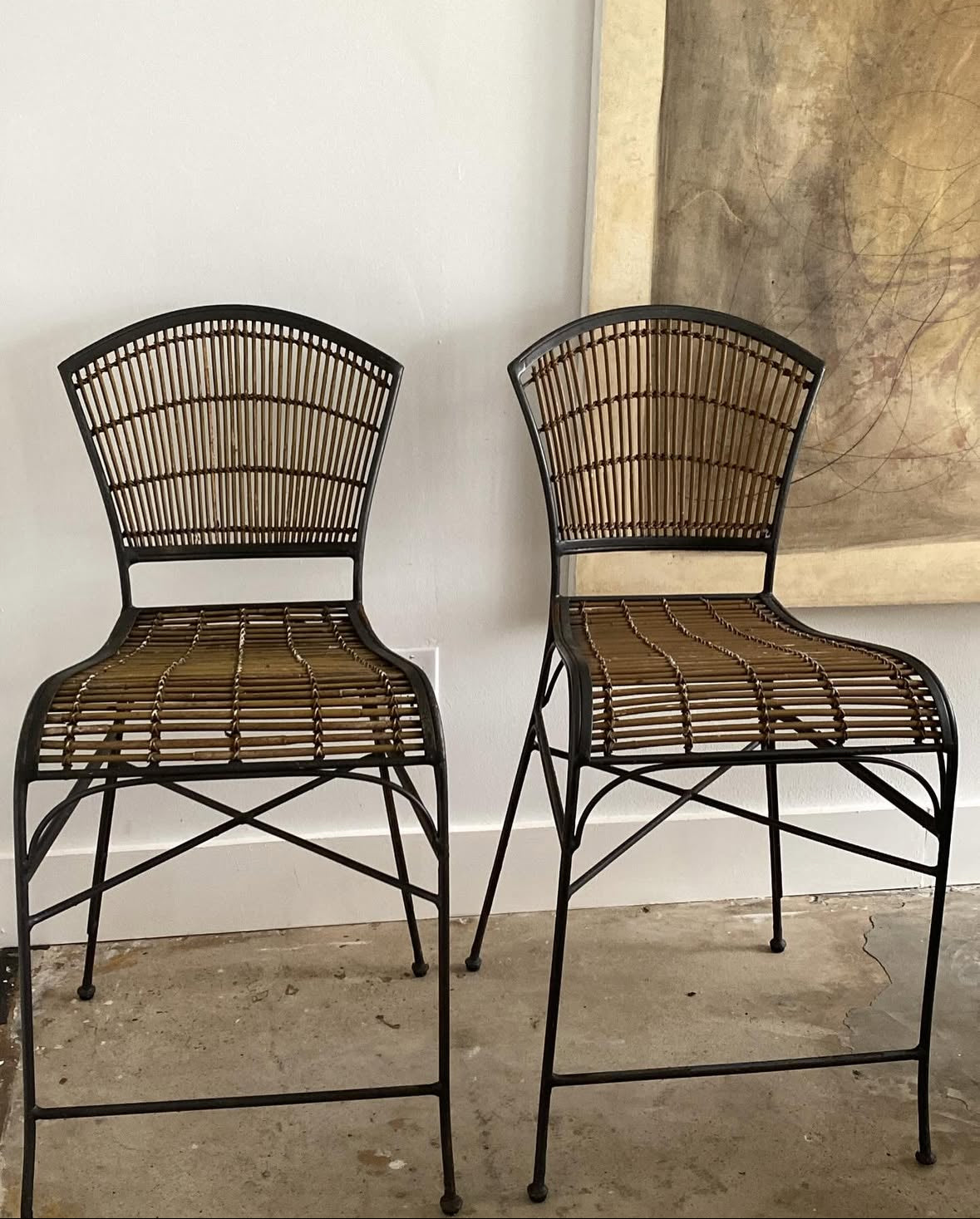 Vintage Mid-Century Modern Iron and Bamboo Stools (Pair)