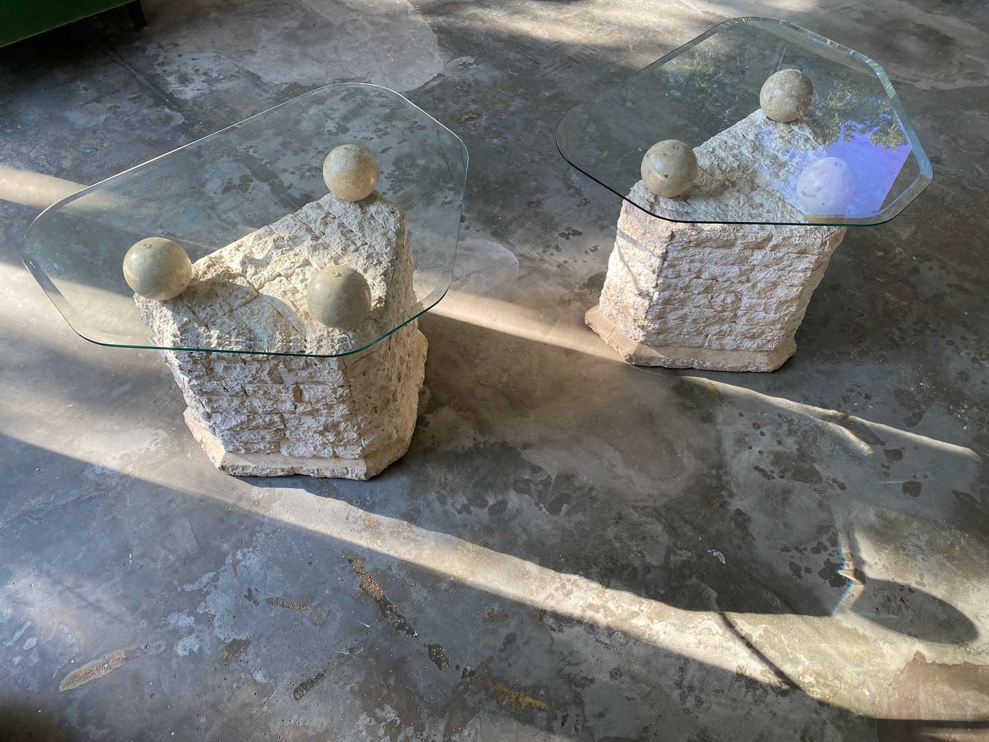 Post Modern Mactan Tessallated Stone Orb & Glass End Tables